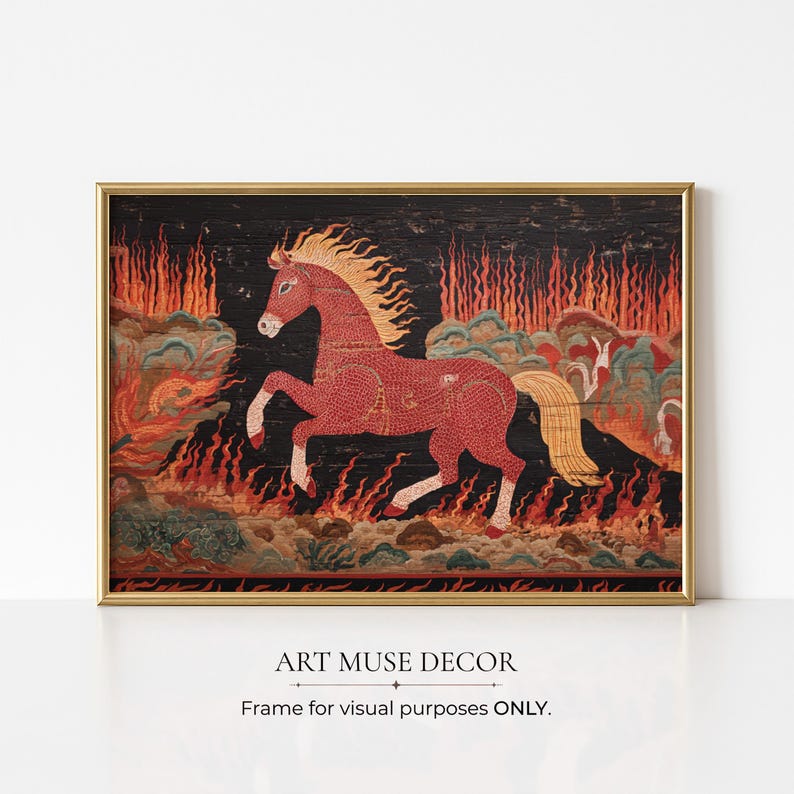 Antique Fire Horse Painting: Vintage Chinese Zodiac Print, Primitive Equestrian Decor bild 8