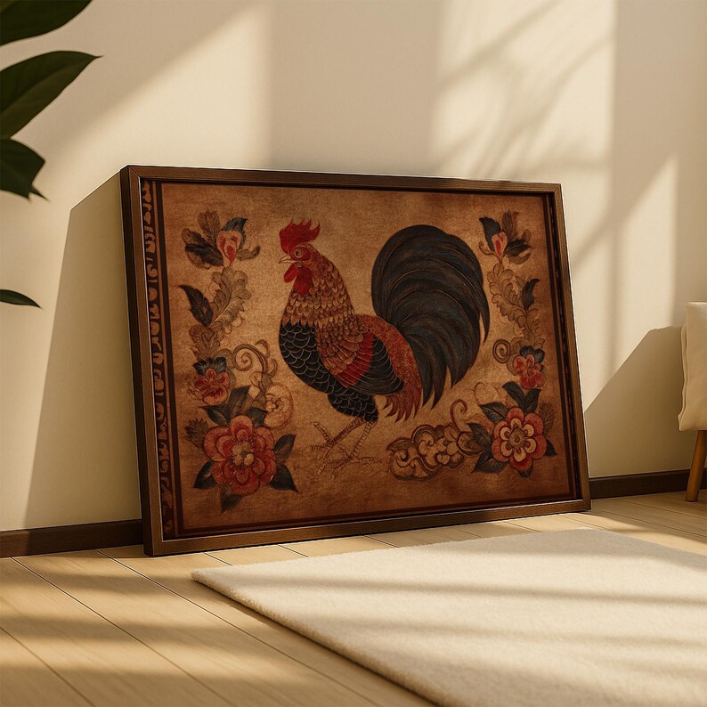 Earth Rooster Chinese Zodiac Textile Print: Antique Folk Art, Primitive Animal Decor image 6