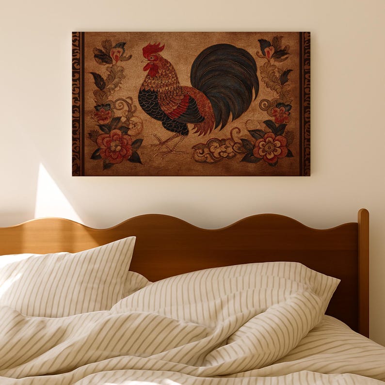 Earth Rooster Chinese Zodiac Textile Print: Antique Folk Art, Primitive Animal Decor image 11