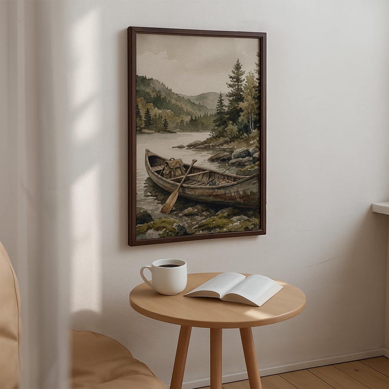 Vintage Fisherman Boat Painting: Rustic Lake Cabin Print, Hunting Wall Art image 11