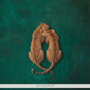 Estampado Leopard Love en verde esmeralda: Póster minimalista de animales de la jungla, arte mural de grandes felinos. imagen 2