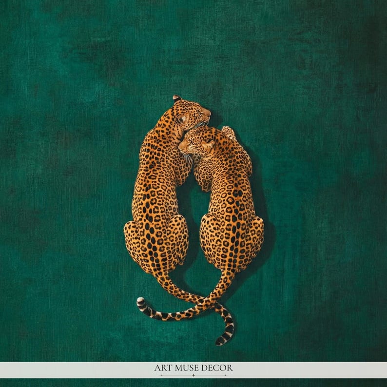 Estampado Leopard Love en verde esmeralda: Póster minimalista de animales de la jungla, arte mural de grandes felinos. imagen 2
