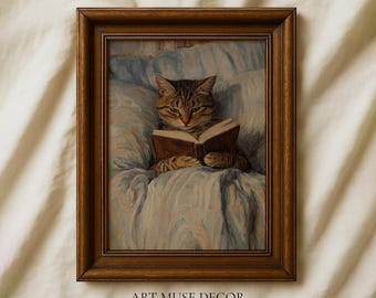 Tabby Cat Reading Print: Cozy Bedroom Painting, Whimsical Pet Portrait