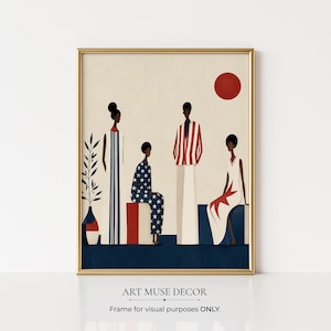 May include: Framed art print featuring stylized figures in patriotic attire. The artwork includes a red sun, a vase with a plant, and the text "ART MUSE DECOR" and "Frame for visual purposes ONLY."