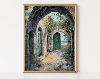 Puede incluir: Pintura al óleo de un camino de piedra arqueado con puertas verdes y follaje. El camino conduce a una vista del mar. La pintura está enmarcada en un marco dorado.