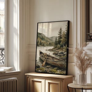 Vintage Fisherman Boat Painting: Rustic Lake Cabin Print, Hunting Wall Art image 6