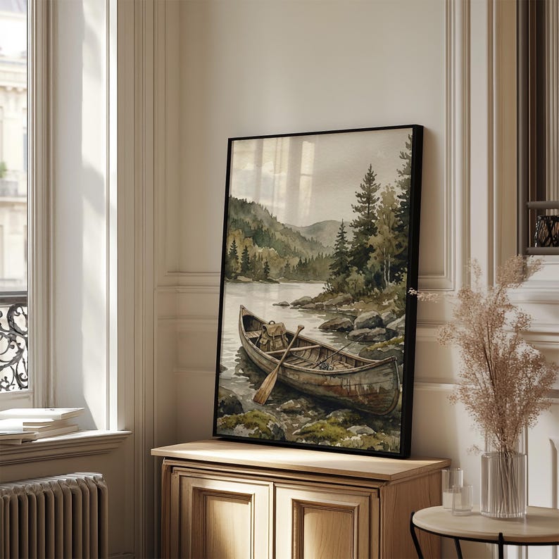 Vintage Fisherman Boat Painting: Rustic Lake Cabin Print, Hunting Wall Art image 6
