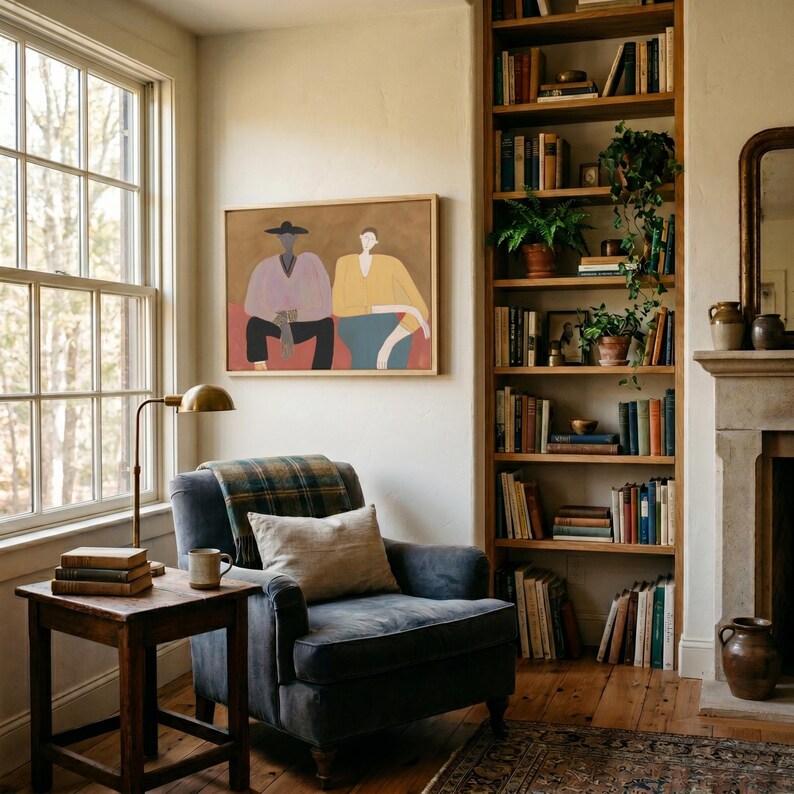 May include: A framed rectangular wall art piece depicting two stylized figures in a hat and yellow top, displayed above a dark gray armchair with a plaid throw, a wooden side table with books, and a tall bookshelf filled with various books.