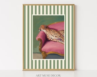 Sleepy Cheetah Print: Pink Couch, Green Striped Gallery Wall Art