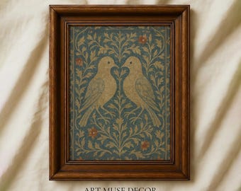 Lovebirds Botanical Art Print: Vintage Blue Rustic Home Decor