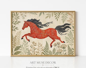 Arte popular del caballo de fuego botánico, impresión de pintura ecuestre vintage, decoración del zodiaco chino