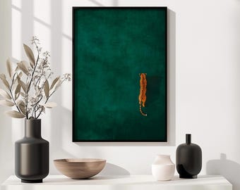 Minimalist Cheetah Wall Art Emerald Green Jungle Animal Print Walking Leopard Poster Focus Decor for Modern Office or Goal Driven Space