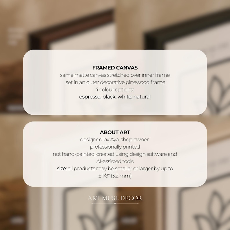 Puede incluir: La imagen muestra texto sobre arte en lienzo enmarcado, con lienzo mate estirado sobre un marco interior, colocado en un marco de madera de pino. Enumera cuatro opciones de color: espresso, negro, blanco y natural. El texto tambi&eacute;n menciona que el arte est&aacute; dise&ntilde;ado por Aya, impreso profesionalmente y creado con software de dise&ntilde;o y herramientas asistidas por IA.