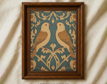 Doves Tapestry Print: Antique Folk Art Botanical Wall Hanging