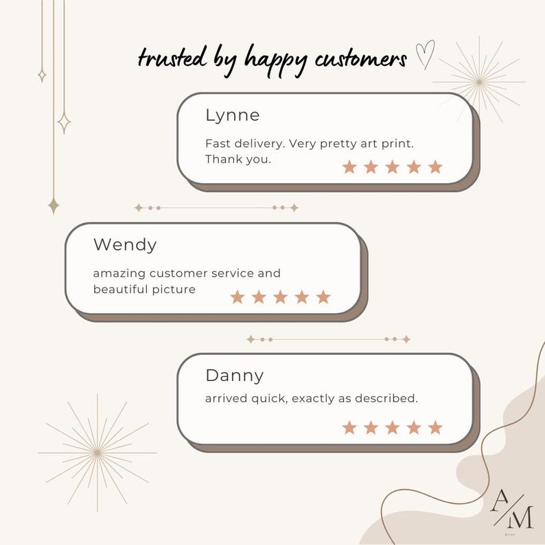 Pu&ograve; includere: Uno sfondo beige con recensioni dei clienti in rettangoli bianchi arrotondati. Il testo recita "trusted by happy customers". Ogni recensione ha una valutazione a stelle. Il logo "A/M" si trova in basso a destra.