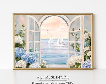 Coastal Hydrangea Art Print: Seaside Sailboat Oil Painting, Cottagecore Decor