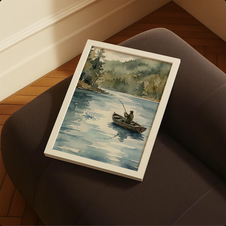 Rustic Fisherman Painting: Vintage Lake Cabin Print, Hunting Wall Art image 10