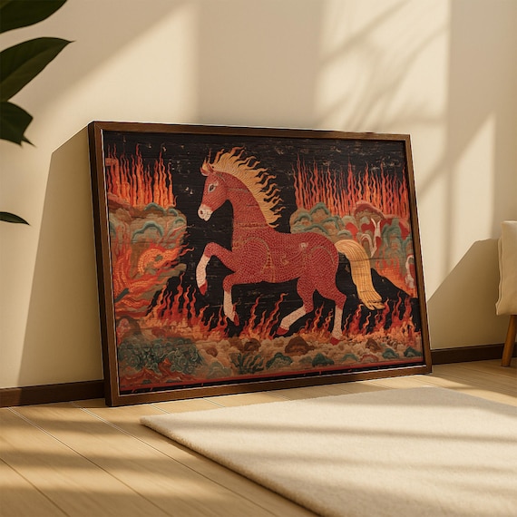 Antique Fire Horse Painting: Vintage Chinese Zodiac Print, Primitive Equestrian Decor