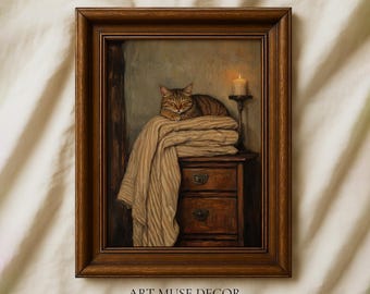 Dipinto a olio di gatto soriano assonnato: stampa vittoriana rustica, decorazione vintage sopra il letto