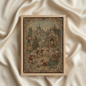 May include: A framed tapestry wall art piece featuring a detailed illustration of elves in a forest setting with a castle in the background. The scene includes multiple elves, a decorated Christmas tree, and gifts, all enclosed in a floral border.