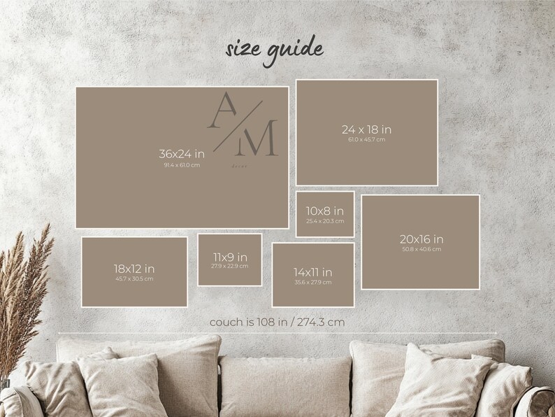 The image is a wall display featuring a series of framed artworks or photographs arranged in a grid pattern. The sizes of the frames vary, ranging from 36x24 in one frame to 14x16 in another. The couch is positioned below the display, and the image includes text that provides the dimensions of the frames in centimeters.