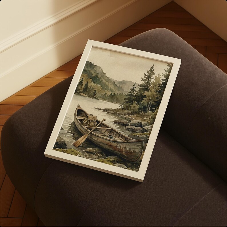 Vintage Fisherman Boat Painting: Rustic Lake Cabin Print, Hunting Wall Art image 8