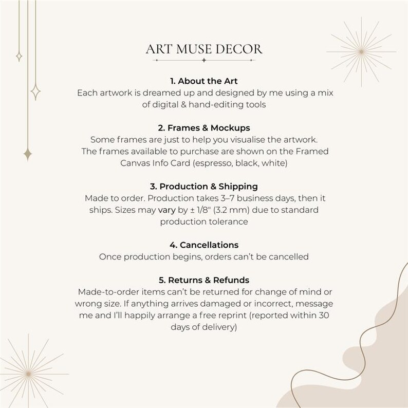 Pu&ograve; includere: Grafica informativa color crema con il testo "ART MUSE DECOR". I dettagli includono informazioni sull'arte, le cornici, la produzione, le cancellazioni e i resi. Il testo &egrave; in un carattere serif, con elementi decorativi a stella e line art.