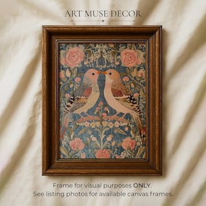 May include: A framed art print featuring two birds kissing, set against a blue floral background with pink roses. The frame is a dark brown color. The text "ART MUSE DECOR" is at the top, and the text "Frame for visual purposes ONLY. See listing photos for available canvas frames." is at the bottom.