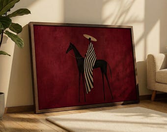 Horse Rider Modern Afrocentric Wall Art, Red Figurative Afro Painting Print, MCM African Style Home Decor