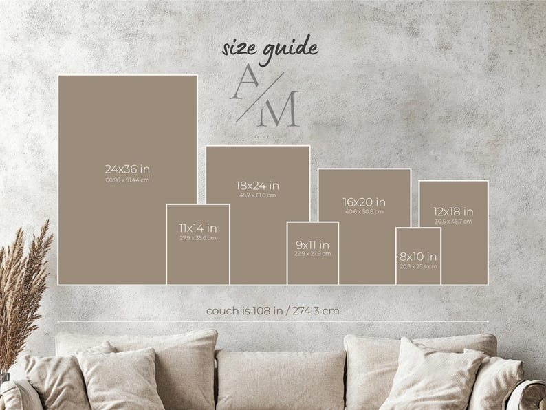 The image is a wall with a series of framed photographs or images of varying sizes, arranged in a grid format. The text above the images reads "size guide A/M", indicating that the images are related to the size guide A/M. The couch is described as being 10B in size, which is approximately 74.3 cm.
