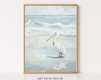 Coastal Pelican Art Print: Pastel Seaside Oil Painting, Beach House Decor