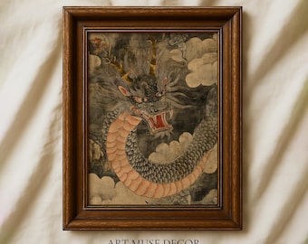 Dragon Korean Folk Art Print: Minhwa Inspired Tapestry, Antique Textile Wall Art