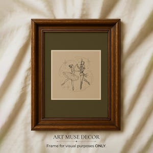 May include: A framed print featuring a pencil sketch of a ballerina and a soldier dancing. The artwork is set against a green background within a dark brown wooden frame. The print is labeled "ART MUSE DECOR".