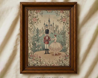 Nutcracker & Ballerina Tapestry Print: Vintage Textile Wall Art, Ballet Christmas Decor