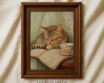 Tabby Cat Sleeping Print: Tea Oil Painting, Bookish Wall Art