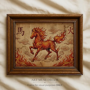 May include: A framed wall art print featuring a horse engulfed in flames, rendered in shades of red, orange, and yellow against a beige background. The artwork includes stylized clouds and the Chinese characters for horse and fire in red ink.
