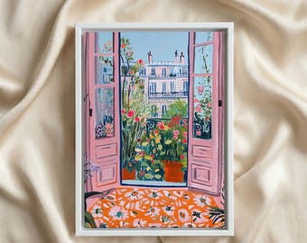May include: A framed painting depicting an open set of pink French doors looking out onto a balcony filled with colorful flowers and green plants, with city buildings in the background and an orange floral patterned rug in the foreground.