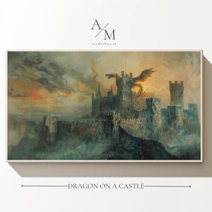 Epic Medieval Castle with Dragon Fantasy Oil Painting Print Dramatic Sunset Mystical Wall Art Home Decor Housewarming Gift For Fantasy Lover