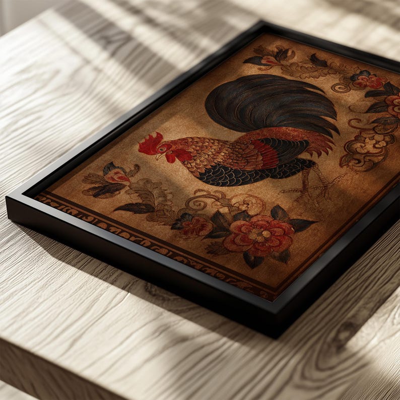 Earth Rooster Chinese Zodiac Textile Print: Antique Folk Art, Primitive Animal Decor image 7