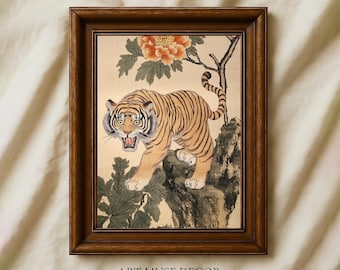 Tiger Korean Folk Art Print: Minhwa Inspired Tapestry, Antique Textile Wall Art