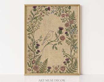 Bird Vintage Tapestry Print: Antique Textile Wall Art, Woodland Farmhouse Decor