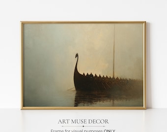 Viking Ship Painting Print: Norse Mythology Wall Art, Dark Academia Decor
