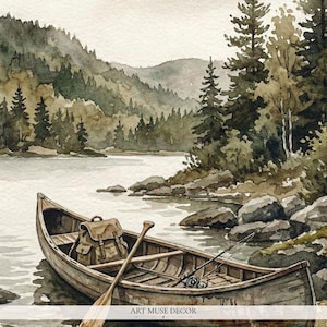 Vintage Fisherman Boat Painting: Rustic Lake Cabin Print, Hunting Wall Art image 2