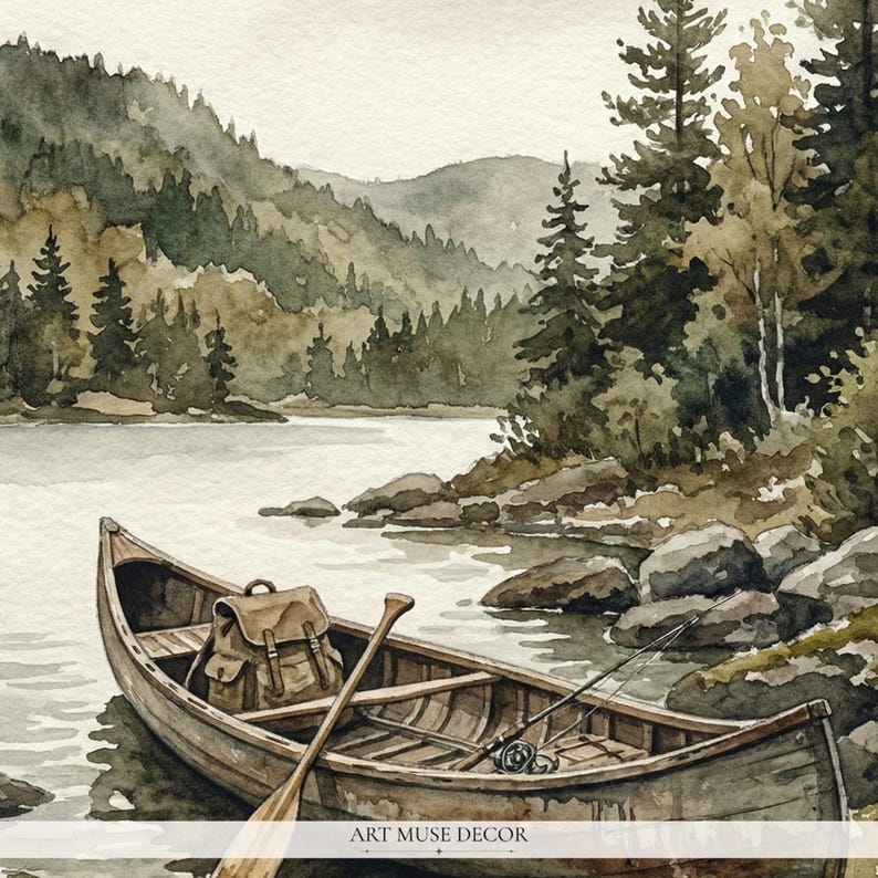 Vintage Fisherman Boat Painting: Rustic Lake Cabin Print, Hunting Wall Art image 2