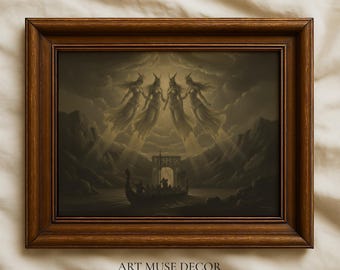 Viking Longship & Valkyrie Painting Print: Norse Mythology Wall Art, Dark Cottagecore Decor
