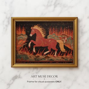 Antique Fire Horse Painting: Vintage Chinese Zodiac Print, Primitive Equestrian Decor bild 12
