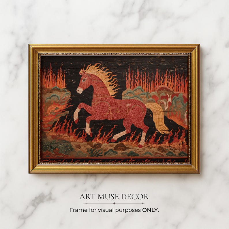 Antique Fire Horse Painting: Vintage Chinese Zodiac Print, Primitive Equestrian Decor bild 12