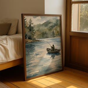 Rustic Fisherman Painting: Vintage Lake Cabin Print, Hunting Wall Art image 9