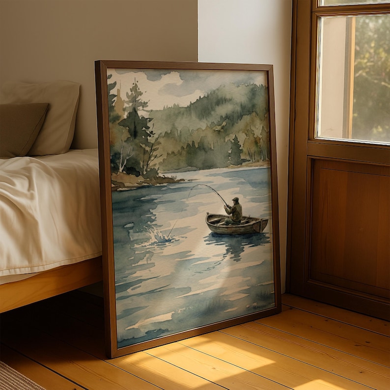 Rustic Fisherman Painting: Vintage Lake Cabin Print, Hunting Wall Art image 9
