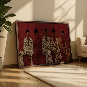 May include: A rectangular framed wall art piece featuring a painting of five figures seated in a row against a deep red background. Each figure wears a matching patterned suit in various animal prints, including leopard and zebra, in shades of brown.